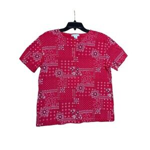 Vintage Rebecca Malone Red Bandana Print Short Sleeve Henley Shirt Size M